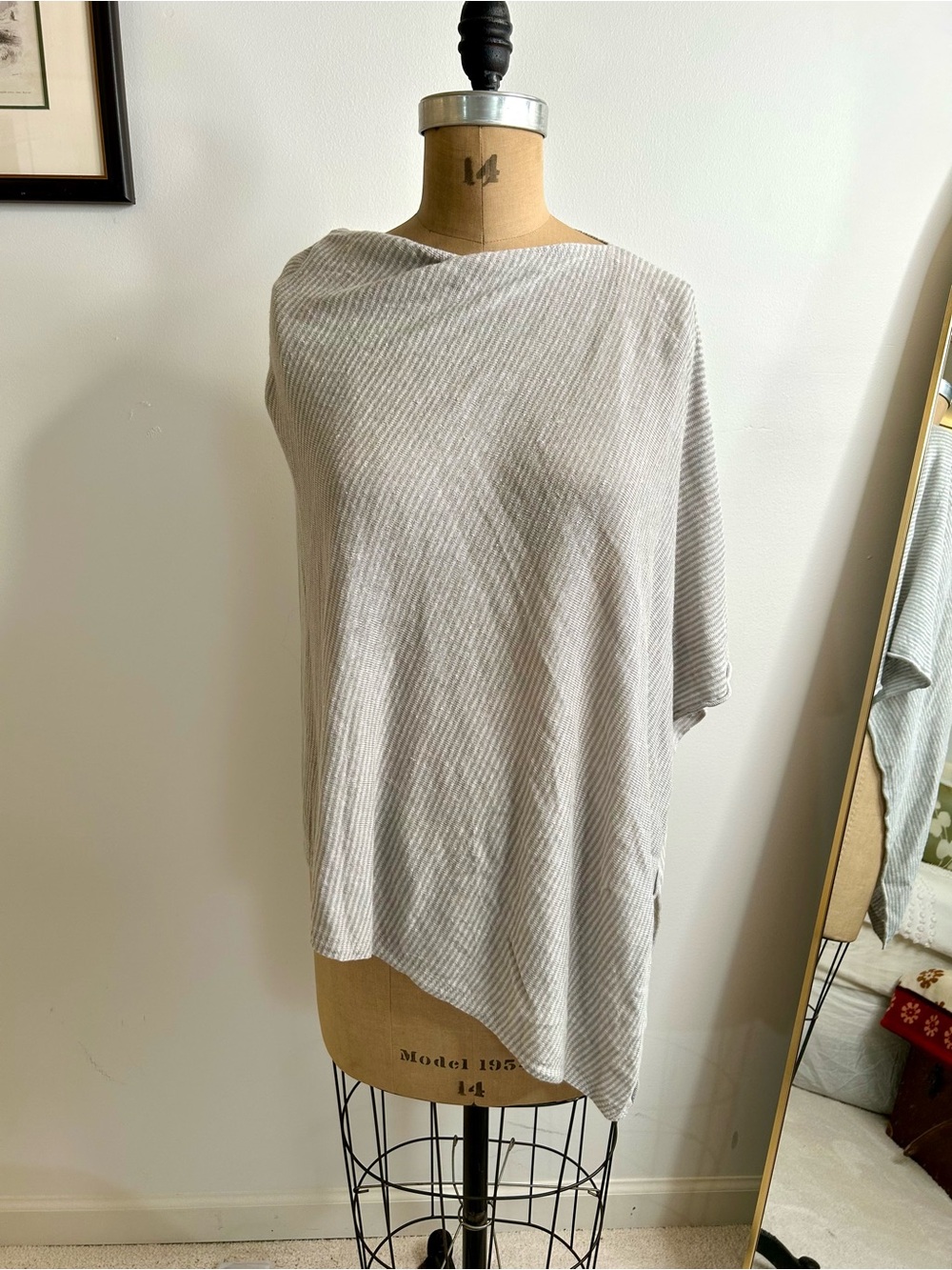 Eileen Fisher Gray & White mini stripe linen cotton knit poncho/wearable scarf